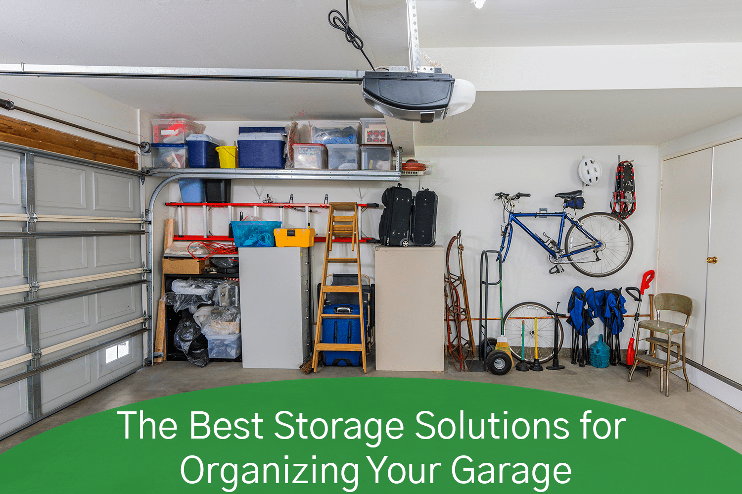 A garage utilizing many storage solutions to keep it organized.