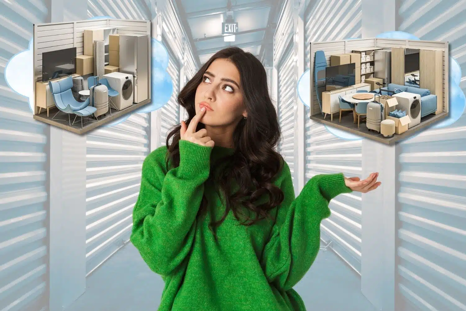 Woman thinking with thought bubbles around her head showing different size storage units