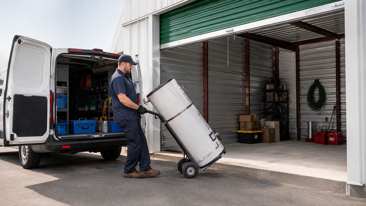 plumber-business-storage-wenatchee Plumber unloading water heater from his work van to his business storage unit near Wenatchee, WA