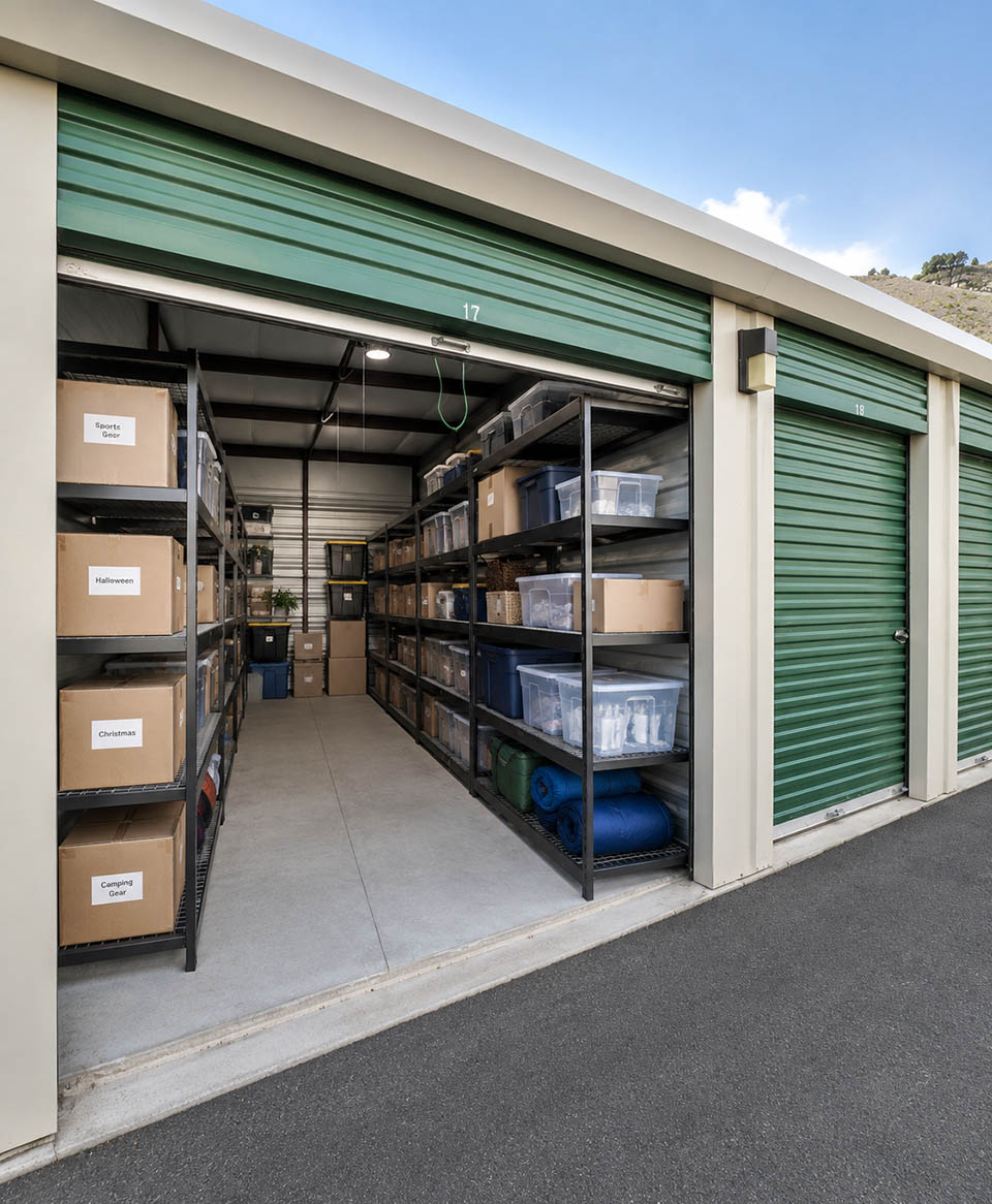 storage-units-wenatchee-wa Premium self-storage unit at EZ Access Storage with industrial shelving, labeled storage boxes, clear totes, and a center walkway.