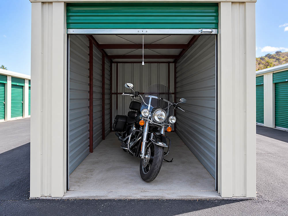 5×10-motorcycle-storage Single motorcycle stored inside a 5 x 10 enclosed storage unit at EZ Access Storage near Wenatchee, WA