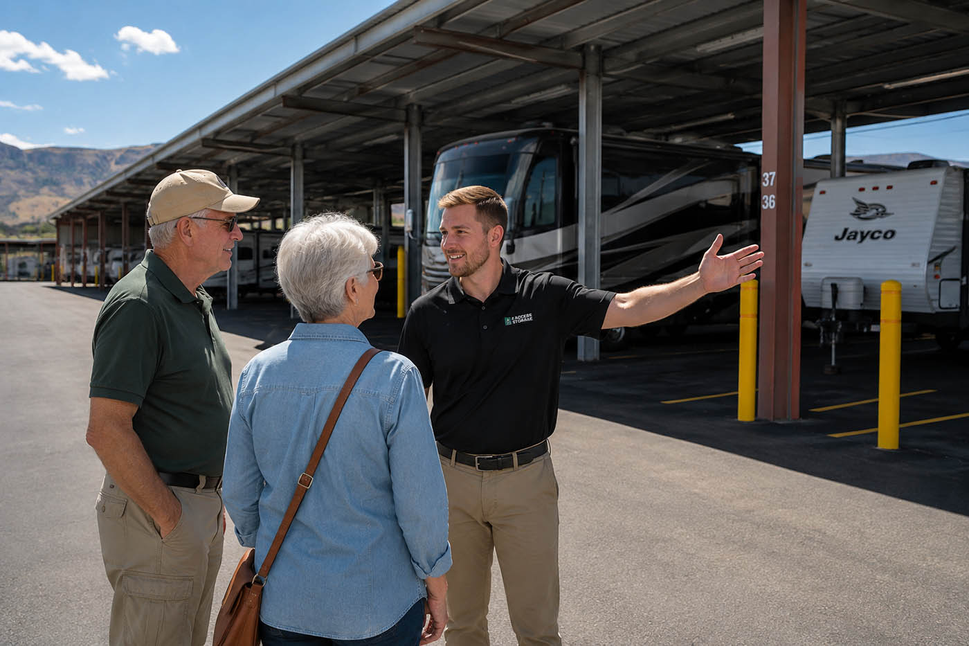 RV-Storage-Facility-Tour EZ Access Storage Team member giving a senior couple a tour of the Covered RV Storage spaces
