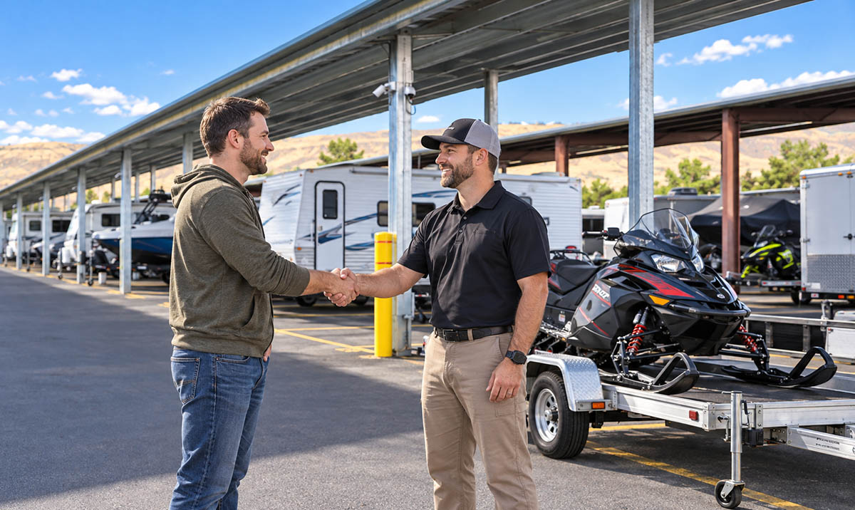 covered-snowmobile-storage-wenatchee-wa EZ Access Storage team member greeting a customer beside a snowmobile trailer in covered storage near Wenatchee, WA