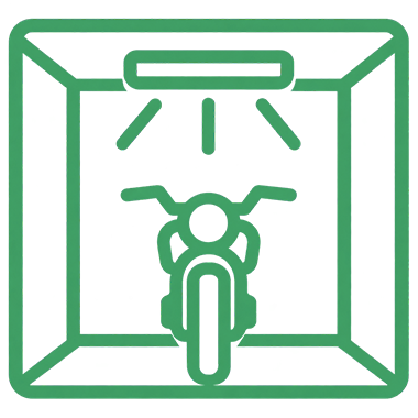 Icon of LED light shining over motorcycle in storage unit