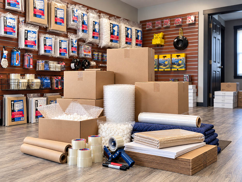 moving-boxes-packing-supplies-in-wenatchee Moving boxes, packing supplies and protective materials displayed at EZ Access Storage