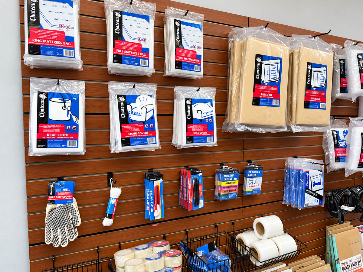 Mattress bags, furniture covers and moving accessories display Mattress bags, furniture covers, labels and moving supplies at EZ Access Storage