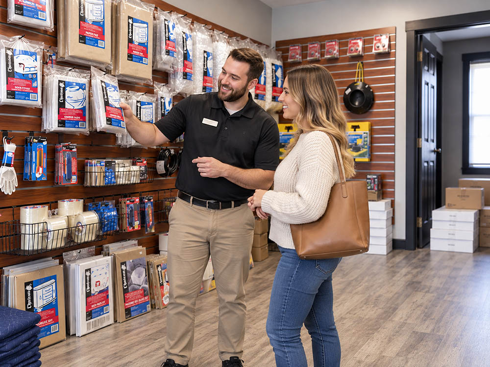 no-storage-rental-required EZ Access Storage team member helping a customer choose moving supplies