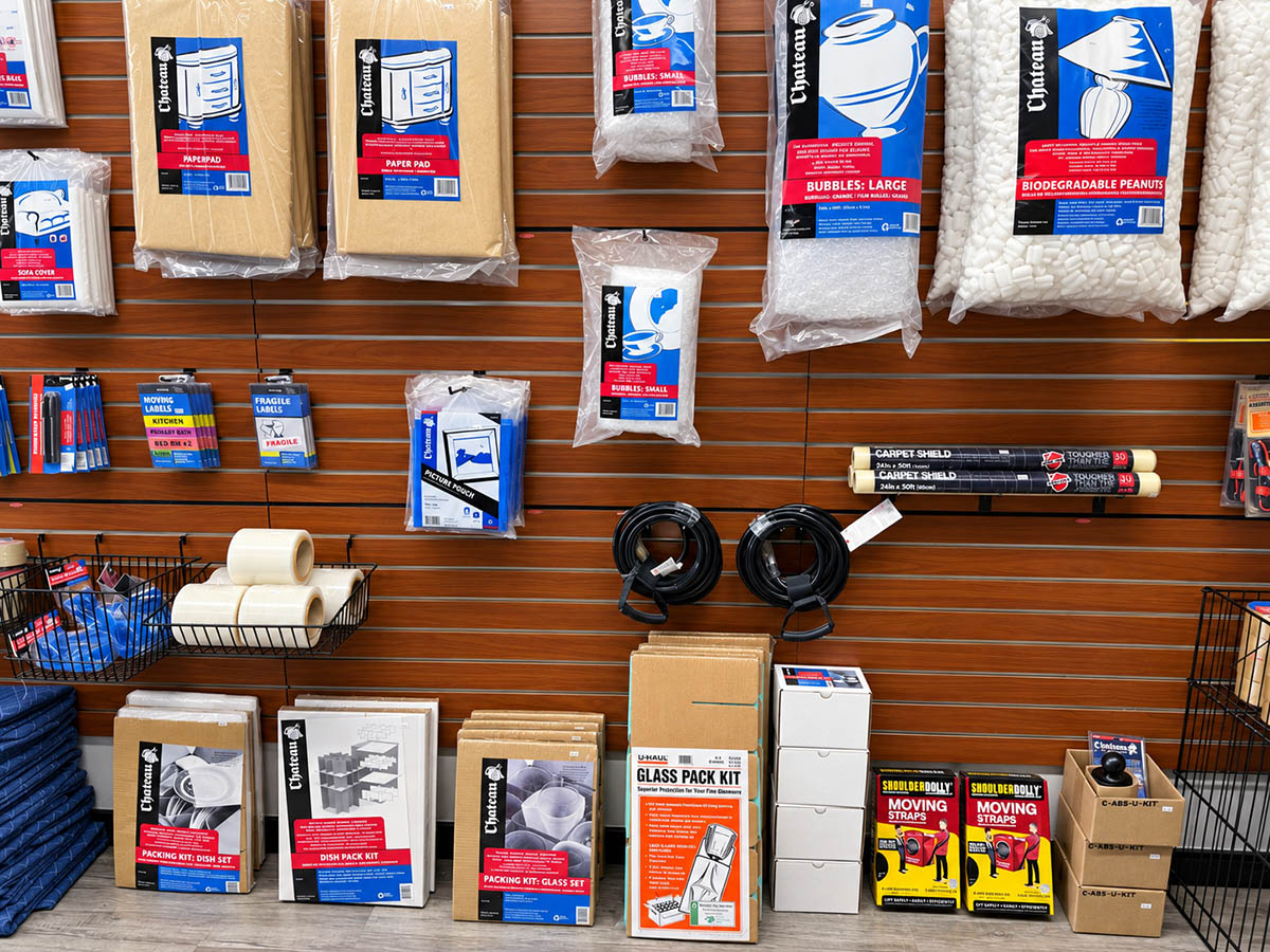 Full wall of packing and moving supplies Packing supplies, moving boxes, tape and protective materials at EZ Access Storage