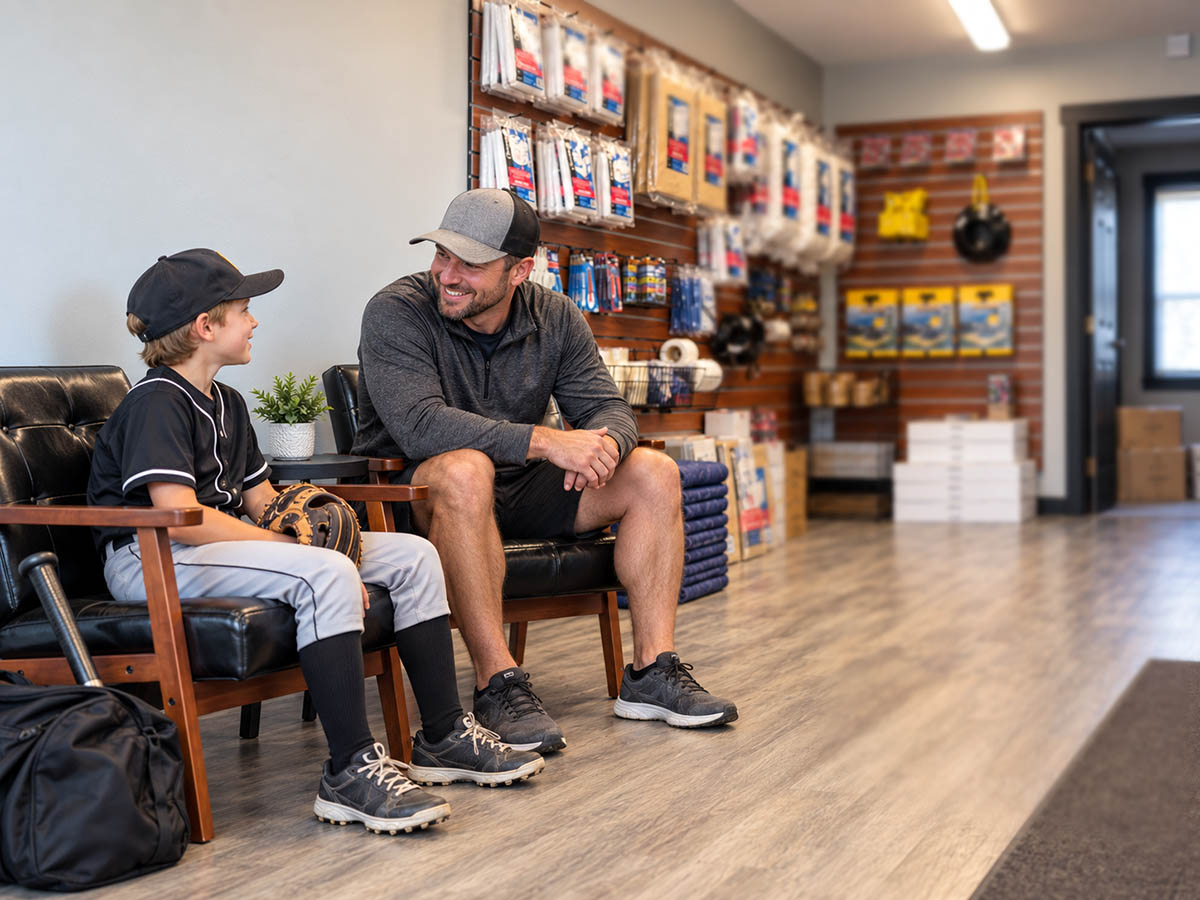 storage-facility-supporting-youth-sports Youth baseball player and his dad talking in the EZ Access Storage lobby
