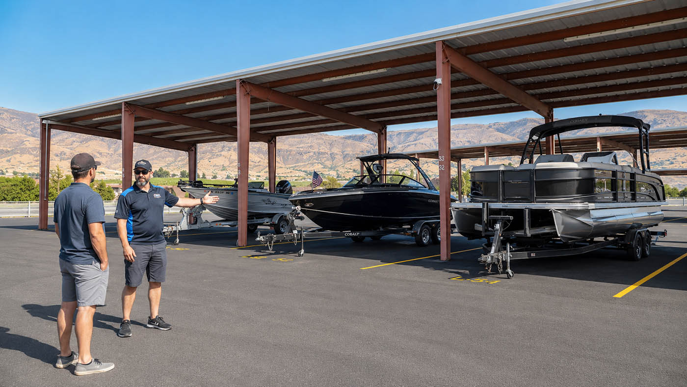 tour-boat-storage-facility-wenatchee Friendly storage staff member giving a tour of the covered boat storage facility