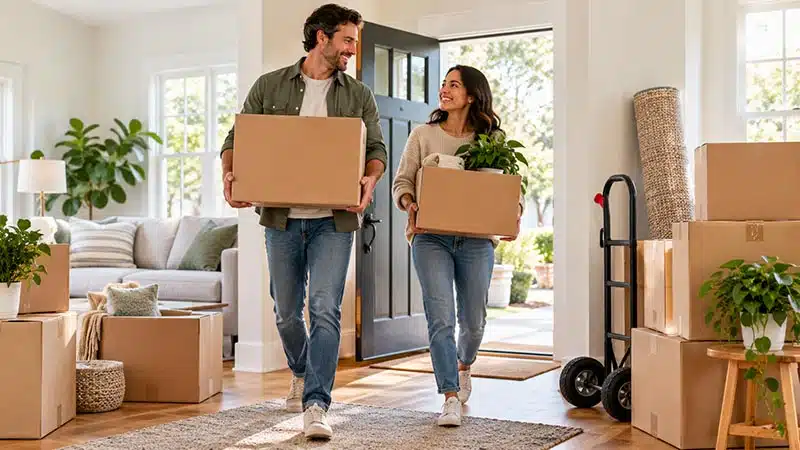 Moving Couple moving boxes into their new home